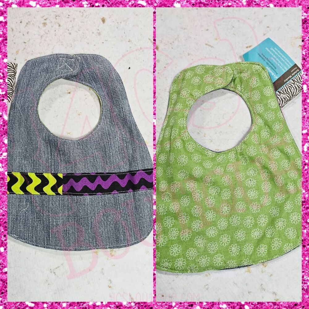 Handmade Reversible Baby Bib Green Floral & Denim Look Cotton Boutique New